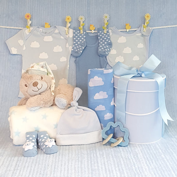 baby hamper for boy with cute sleepy bear toy and blanket, muslin wrap, suit, bib, socks, beanie, and singlet. Australian owned company