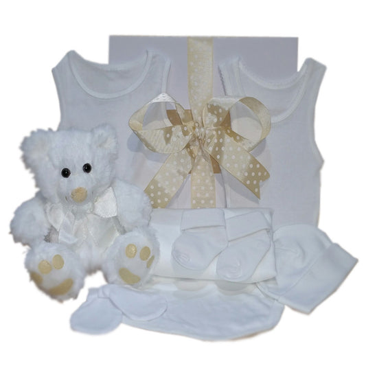 neutral baby gift hamper white teddy bear and white baby clothing gift boxed
