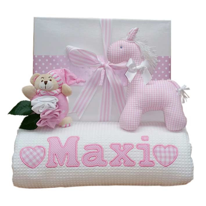personalised baby girl blanket with horse and baby rattle bouquet