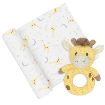 Noah Giraffe Neutral Jersey Swaddle Rattle Set