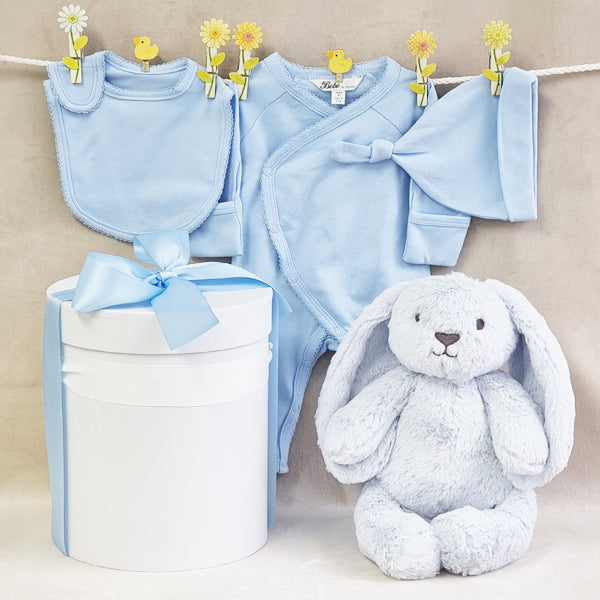 Organic baby boy blue gift hamper with soft bunny, bib, beanie and suit.