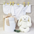 Organic baby neutral white gift hamper with soft bunny, bib, beanie and suit.