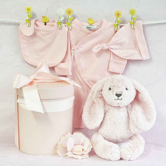 Organic baby girl pink gift hamper with soft pink bunny, bib, beanie and suit.