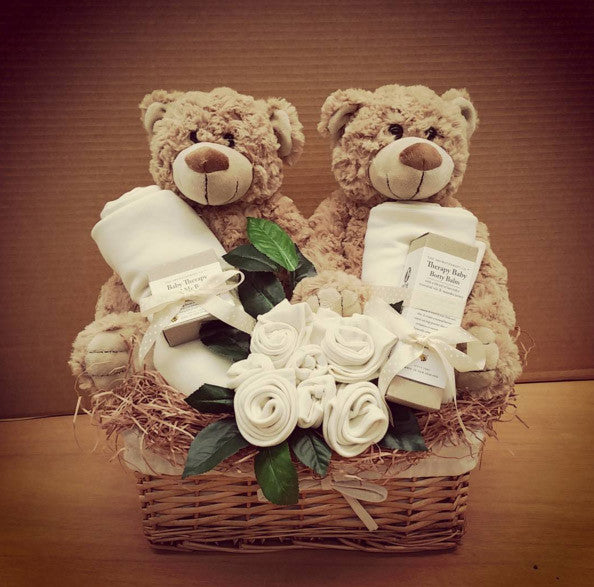 neutral twins baby gift basket teddys, organic baby clothing and lotions