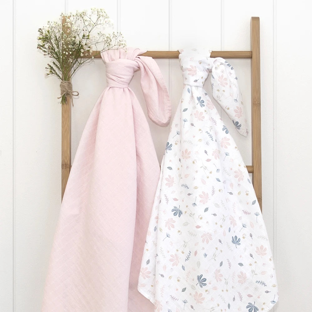 2 piece organic muslin pink botanical leaf design baby swaddle.