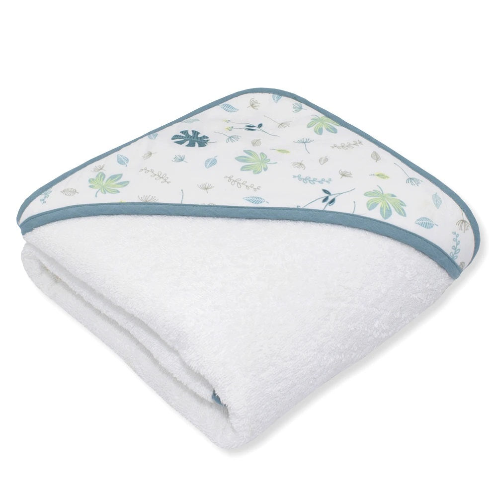 Organic Muslin sage green hooded towel with banana leaf design.