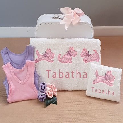 My Personalised Scotty Dog Bath Towel Set Baby Pink Spot|#FFC0CB 