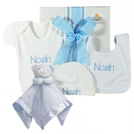 personalised baby boy teddy gift hamper with personalised baby suit hat and bib