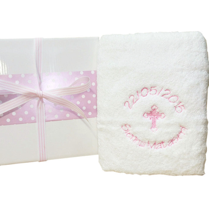 personalised Christening towel baby girl cross date and name