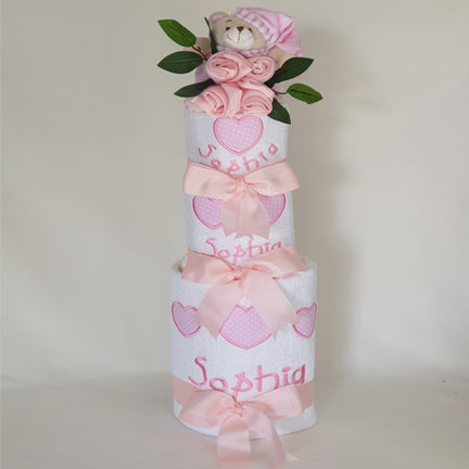 Personalised Baby Girl Heart Towel Nappy Cake