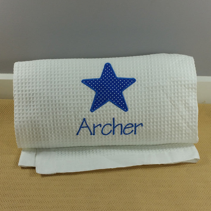 baby blanket personalised royal blue star applique` gift boxed