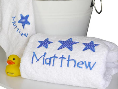 personalised boys towel set royal blue stars