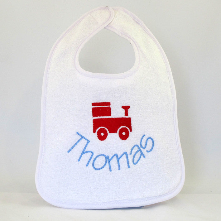 personalised white baby bib with train design & baby's name embroidered