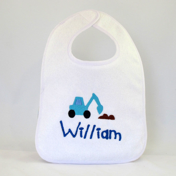 personalised baby boy bib embroidered with trucks and tractor design and babies name