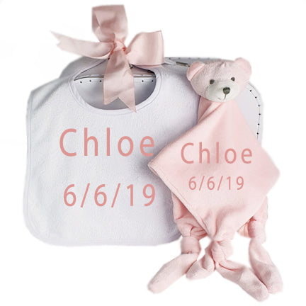 personalised blanky and bib set baby girl 