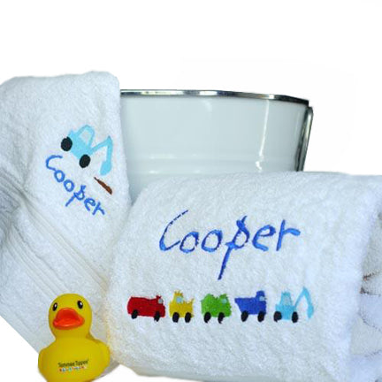 personalised boys bath towel set trucks and tractors design gift boxed