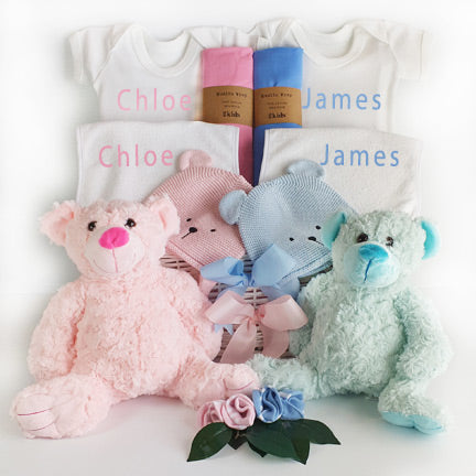 twins personalised baby gift basket pink blue boy and girl gift