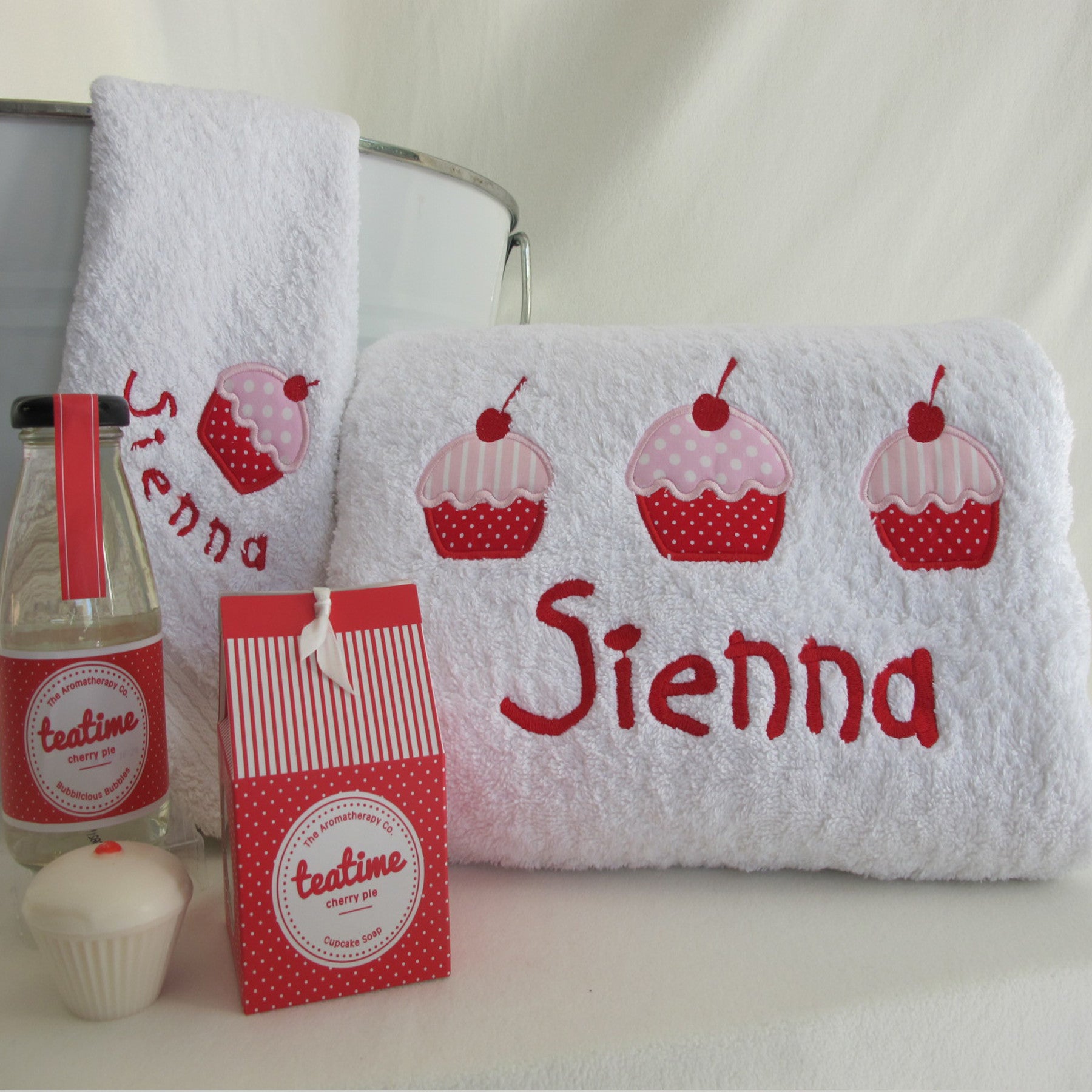 personalised bath towel gift set cup cake design applique`