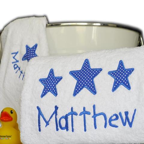 Boys personalised bath towel & robe set embroidered with royal blue stars personalised with the new baby boys name
