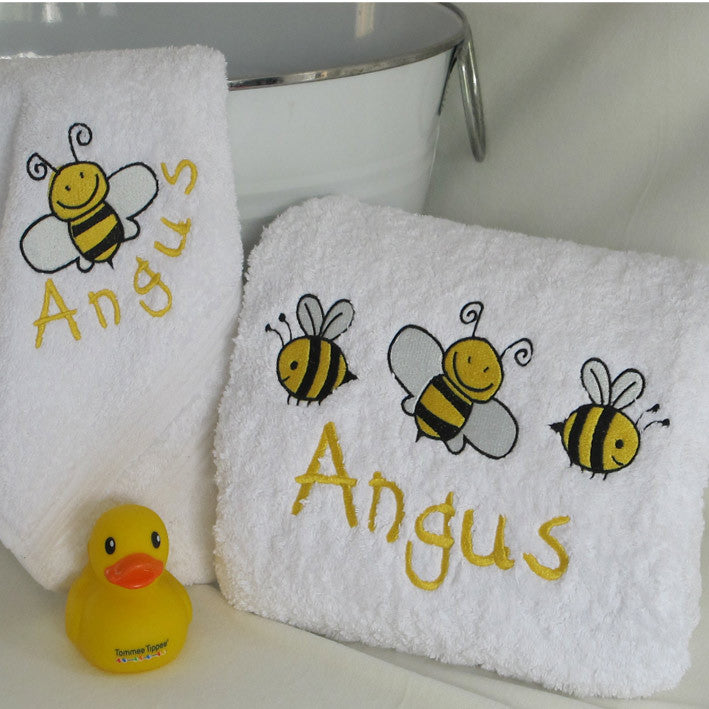 personalised baby bath towel gift hamper bee design. Baby Bath towel set with cute 3 bees embroidered along with baby's name