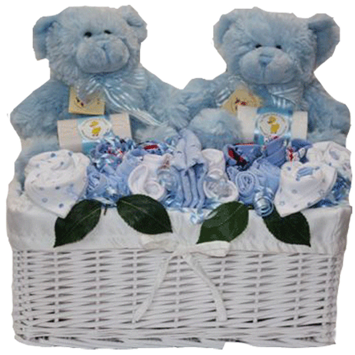 twin baby boy gift basket blue teddy bears and baby clothing