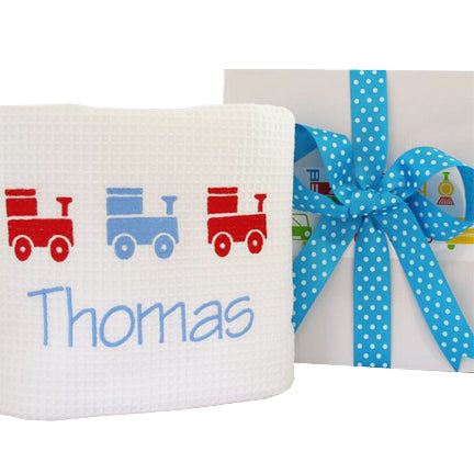 boys personalised embroidered train design baby blanket gift boxed