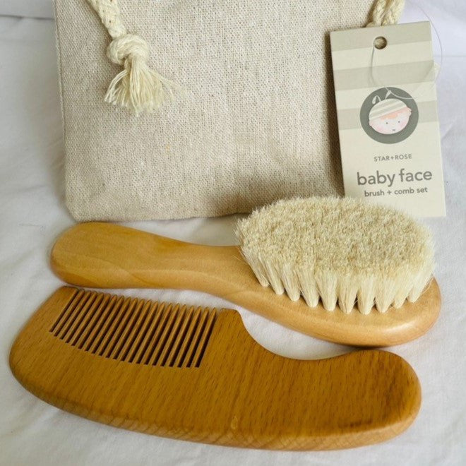 baby bamboo brush & comb set in calico drawstring bag
