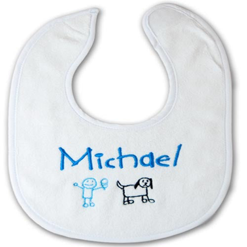 personalised boy's baby bib with cartoon stick figures design