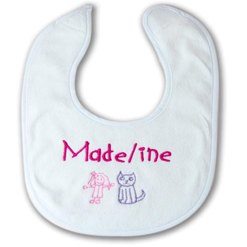 personalised girls baby bib with cartoon stick figures design