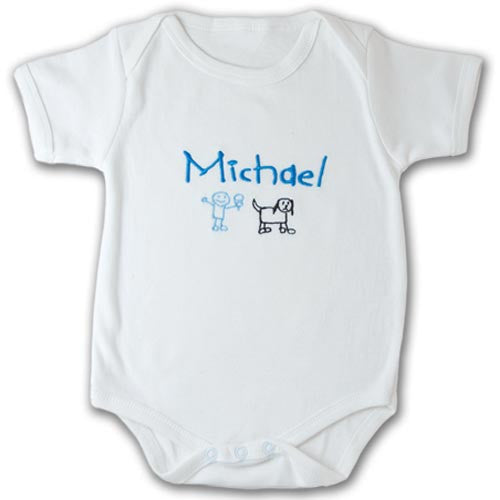 personalised boys body suit with cartoon stick figure design
