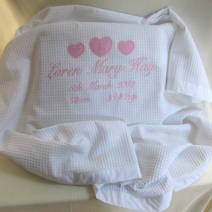 girls personalised Christening blanket embroidered with baby's full name and christening date in pink