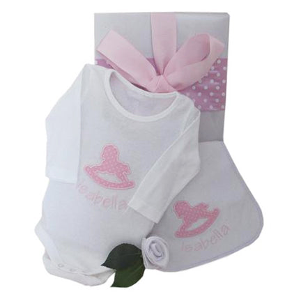 personalised baby girl gift box rocking horse body suit and bib