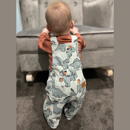 baby wearing dinosaur overalls by Hux baby