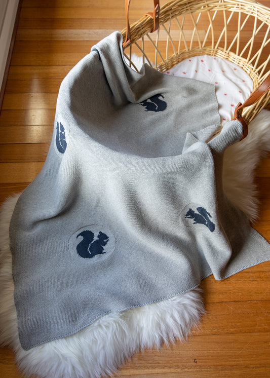 My Little Squirrel Knitted Baby Blanket Navy Blue