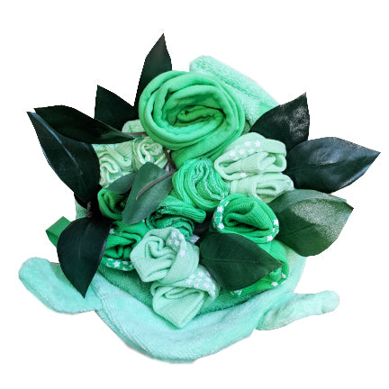 green baby clothing rose bouquet wrapped in hooded towel