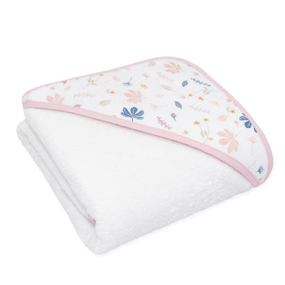 Organic Muslin pink hooded towel with botanical leaf design.