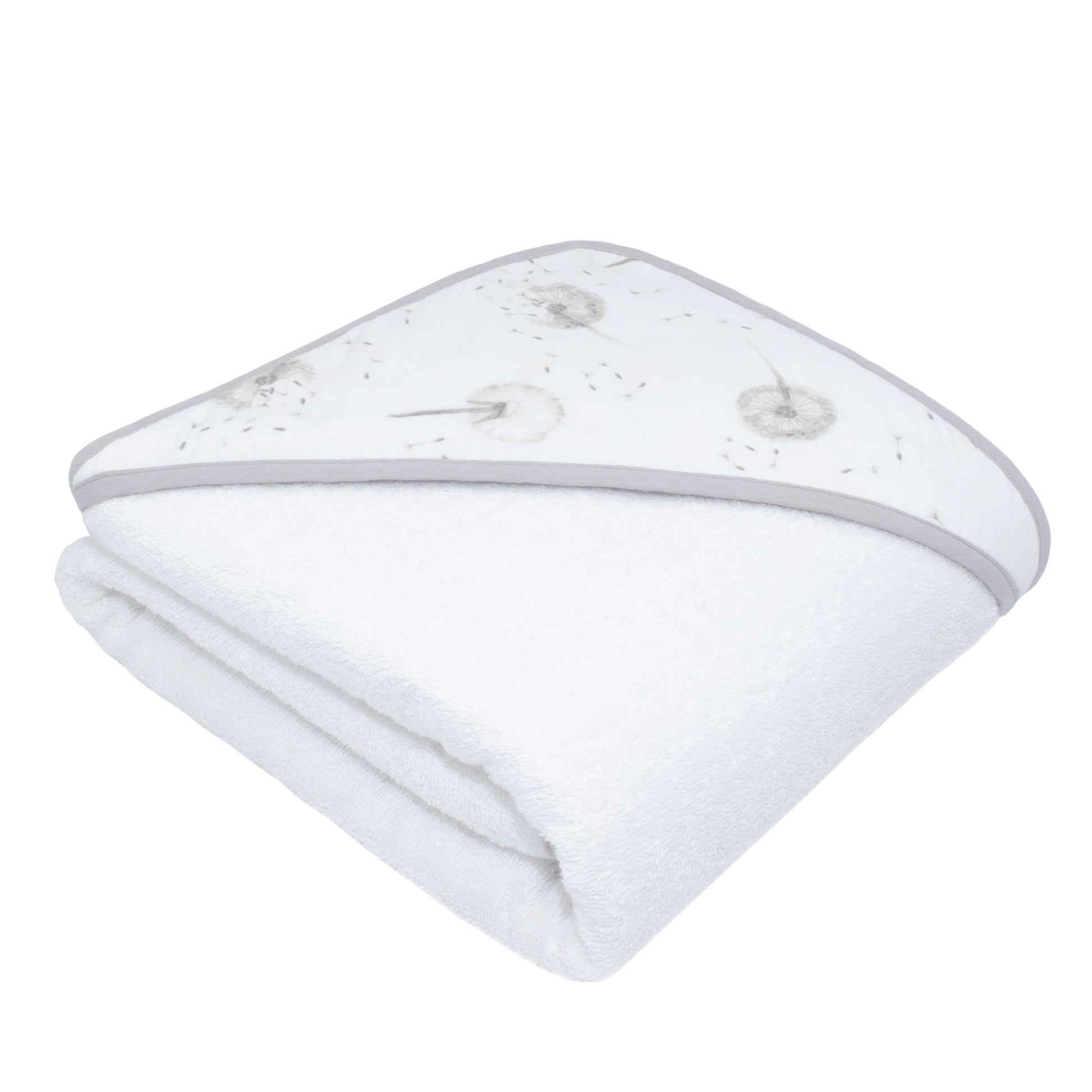 Organic Muslin grey hooded towel with dandelion design.