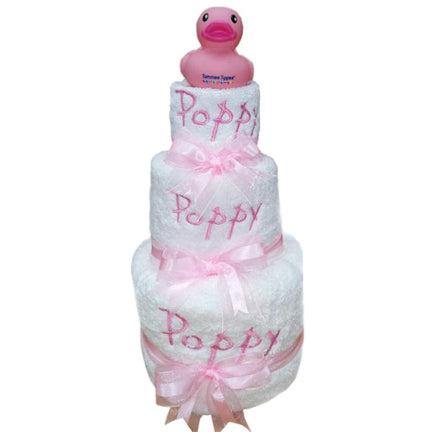 girls personalised bath towel 3 tier nappy cake baby pink