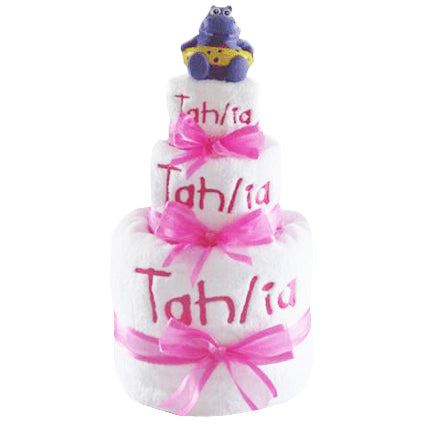 personalised bath towel 3 layer nappy cake hot pink font