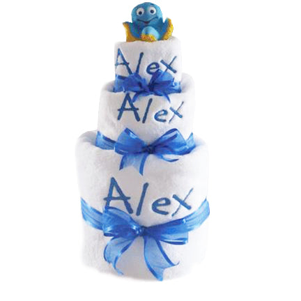 personalised bath towel 3 layer nappy cake royal blue font