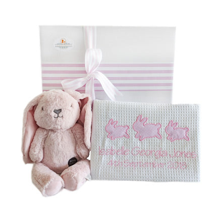 personalised baby blanket with embroidered bunny design and toy