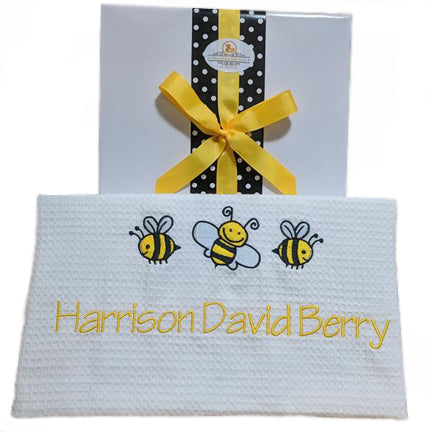 personalised baby blanket with embroidered bumble bee design. 100% cotton baby blanket personalised with baby's name