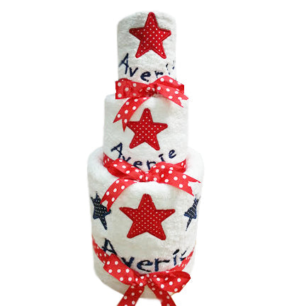 personalised 3 tier baby nappy cake red white and blue stars design