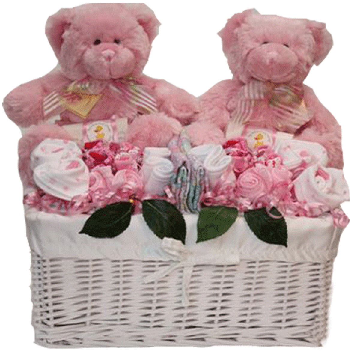 twin baby girls gift basket pink teddy bears and baby clothing