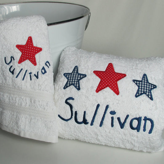 personalised bath towel set red white and blue star design