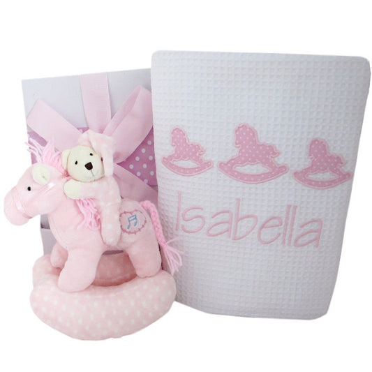 girls personalised baby blanket pink rocking horse design and musical toy