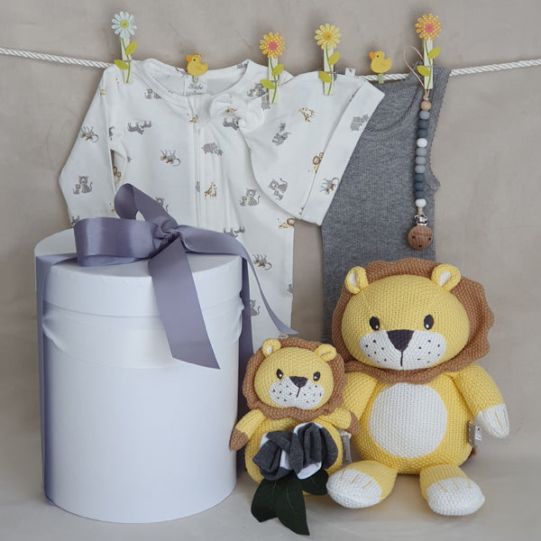 Organic baby neutral safari gift hamper with beanie, suit, singlet, socks, silocone teether chain and lion knitted teether ring and toy. 
