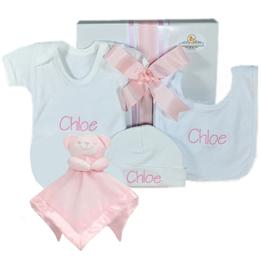 personalised gift hamper for baby girl teddy comforter personalised baby suit hat and bib
