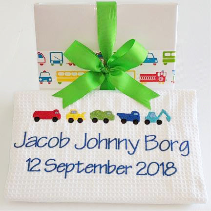 personalised baby blanket with trucks and tractors embroidered design