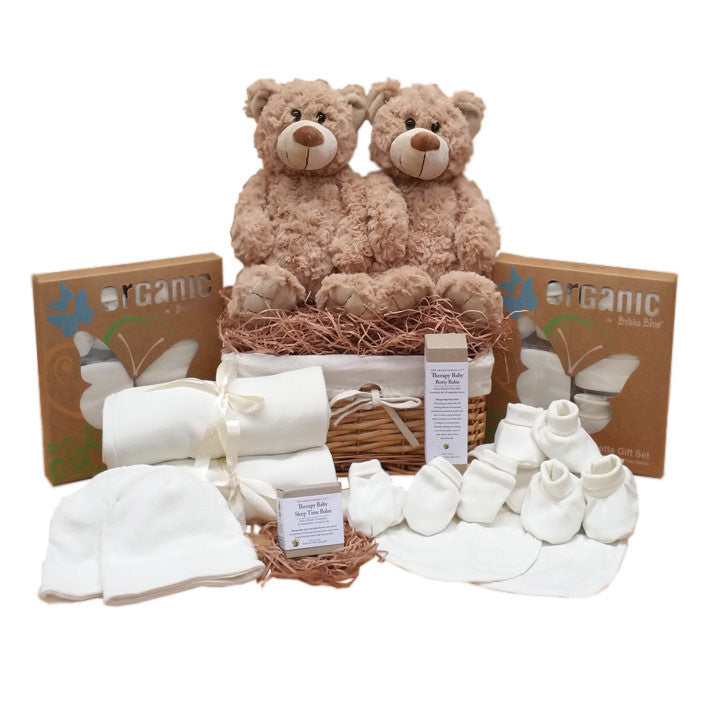neutral twins gift hamper, teddys and organic clothing and lotions